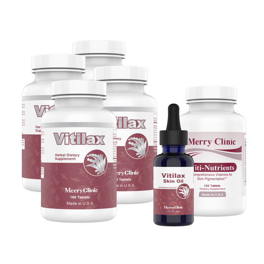 白斑两月组合 (V-PACK): 4 瓶白癜风片,1瓶白斑营养素, 1瓶白癜风消斑油